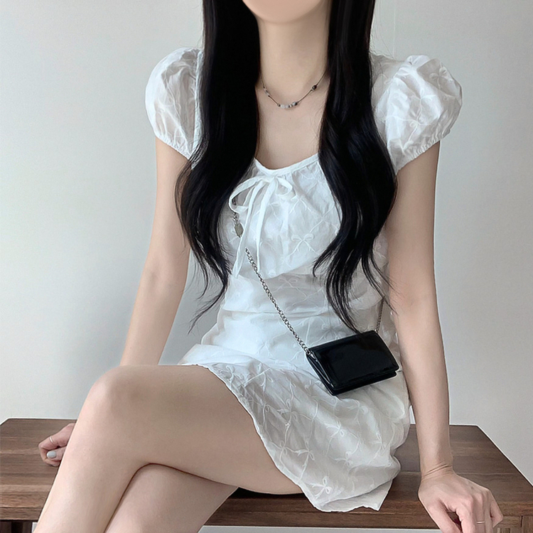リボン刺繍フレアミニワンピース WHITE