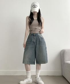 핏보장! [힙무드/유니크] 패시 캣워싱 사이드 카펜더 패치 포켓 데님 와이드 버뮤다 팬츠 중청