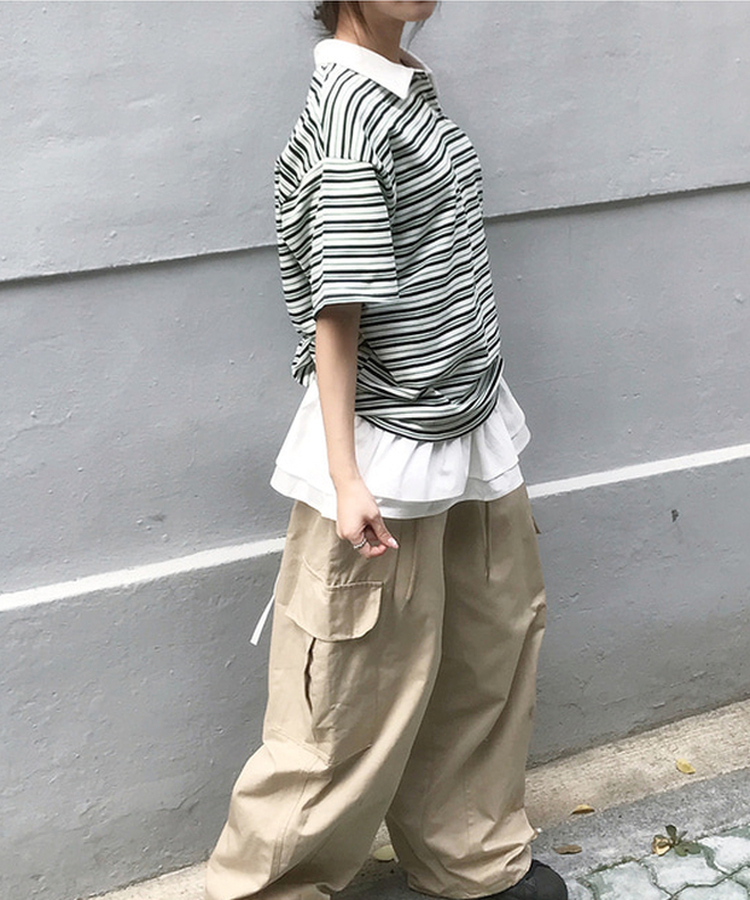 ストライプバイカラー半袖Tシャツ BLACK