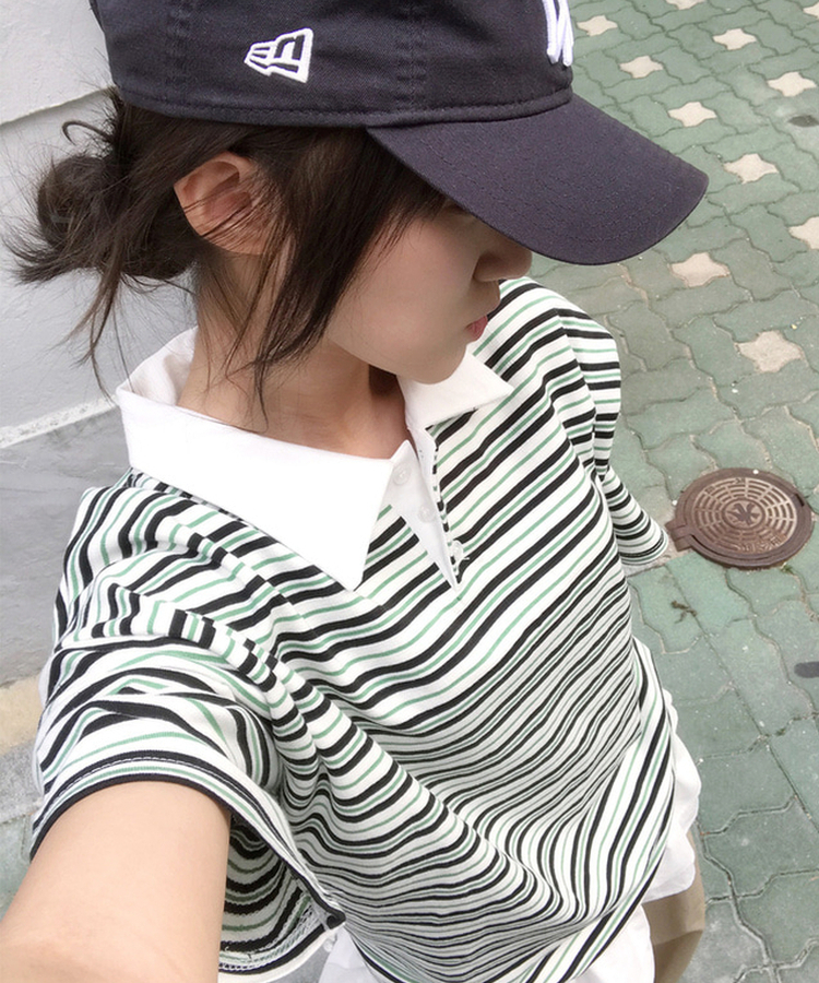 ストライプバイカラー半袖Tシャツ BLACK