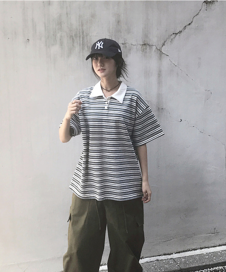 ストライプバイカラー半袖Tシャツ GREEN