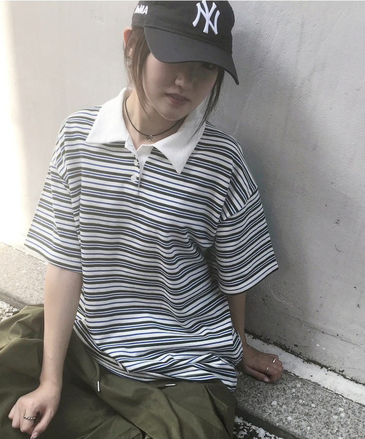 ストライプバイカラー半袖Tシャツ GREEN