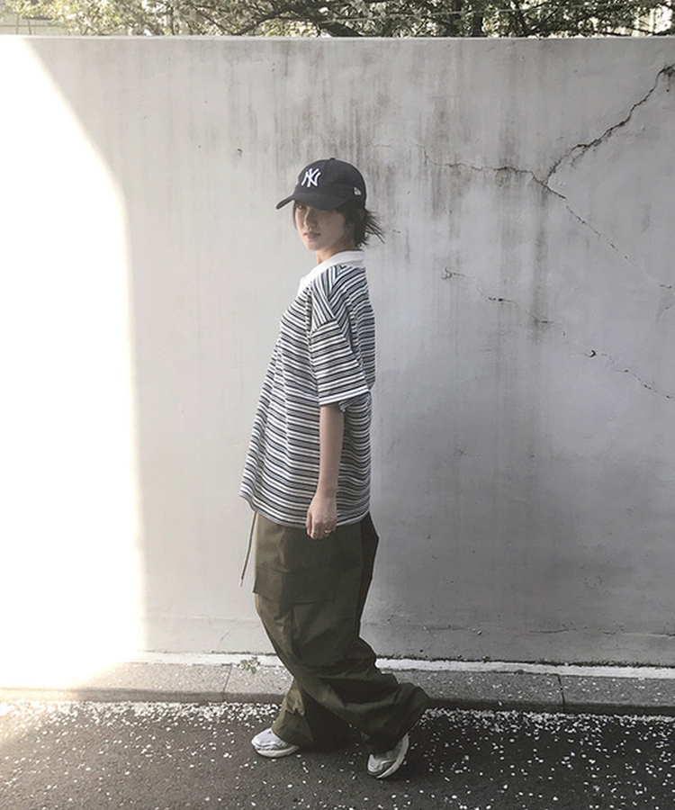 ストライプバイカラー半袖Tシャツ GREEN