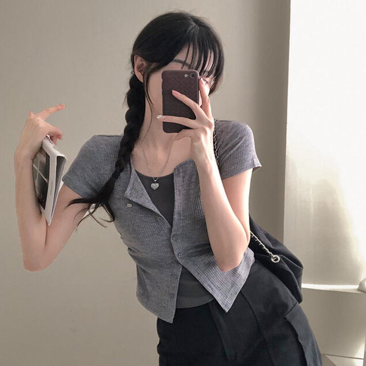 이븐 패치 이너 레이어드 반팔 셔링 가디건 그레이