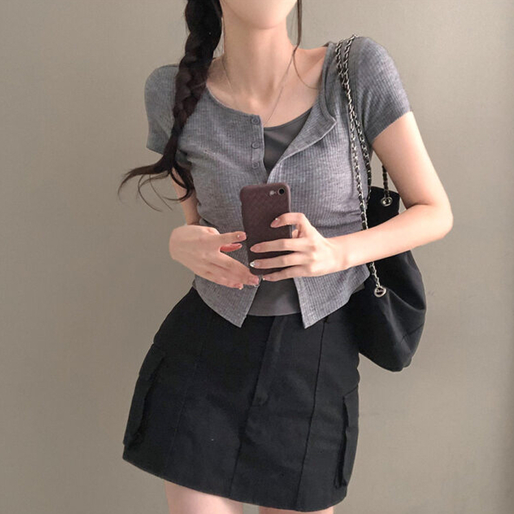 이븐 패치 이너 레이어드 반팔 셔링 가디건 그레이