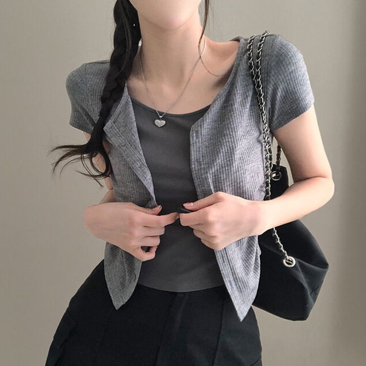 이븐 패치 이너 레이어드 반팔 셔링 가디건 그레이