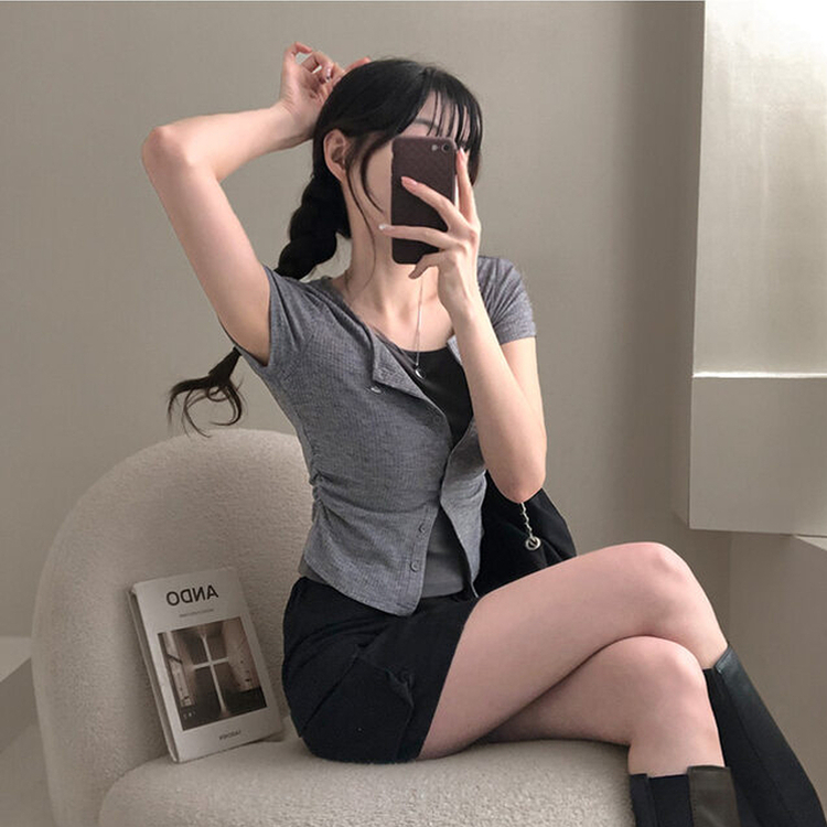 이븐 패치 이너 레이어드 반팔 셔링 가디건 그레이