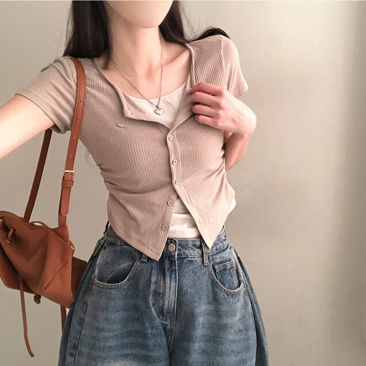 이븐 패치 이너 레이어드 반팔 셔링 가디건 브라운