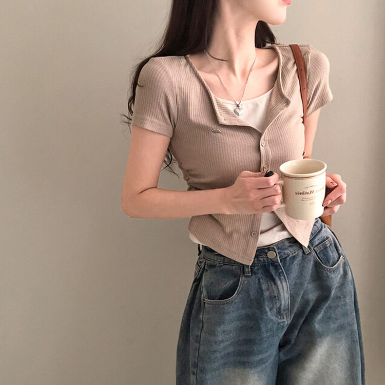 이븐 패치 이너 레이어드 반팔 셔링 가디건 브라운