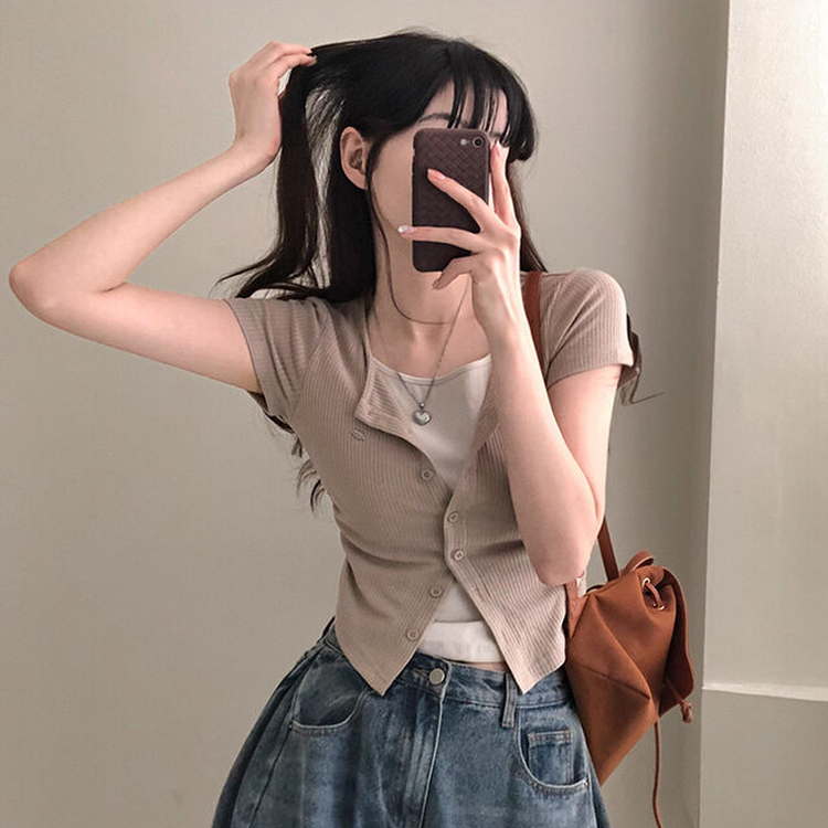 이븐 패치 이너 레이어드 반팔 셔링 가디건 브라운