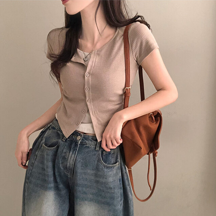 이븐 패치 이너 레이어드 반팔 셔링 가디건 브라운