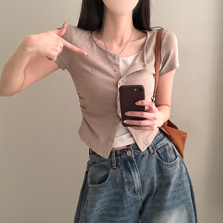 이븐 패치 이너 레이어드 반팔 셔링 가디건 브라운