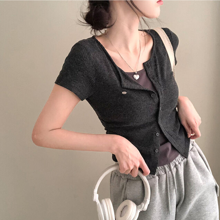 이븐 패치 이너 레이어드 반팔 셔링 가디건 블랙