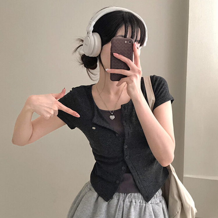 이븐 패치 이너 레이어드 반팔 셔링 가디건 블랙