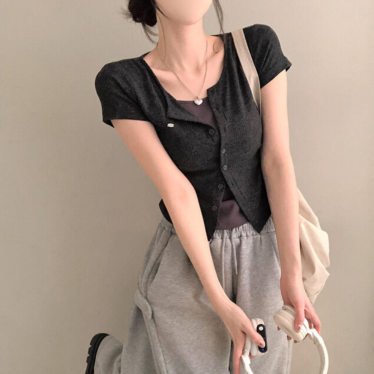 이븐 패치 이너 레이어드 반팔 셔링 가디건 블랙