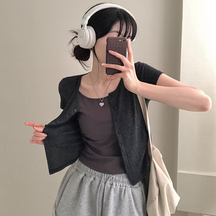 이븐 패치 이너 레이어드 반팔 셔링 가디건 블랙