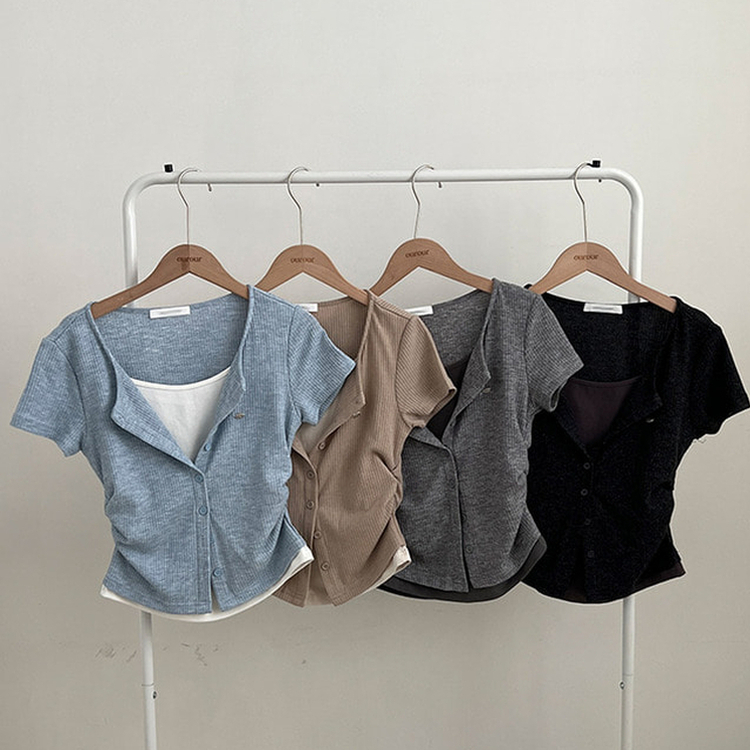 이븐 패치 이너 레이어드 반팔 셔링 가디건