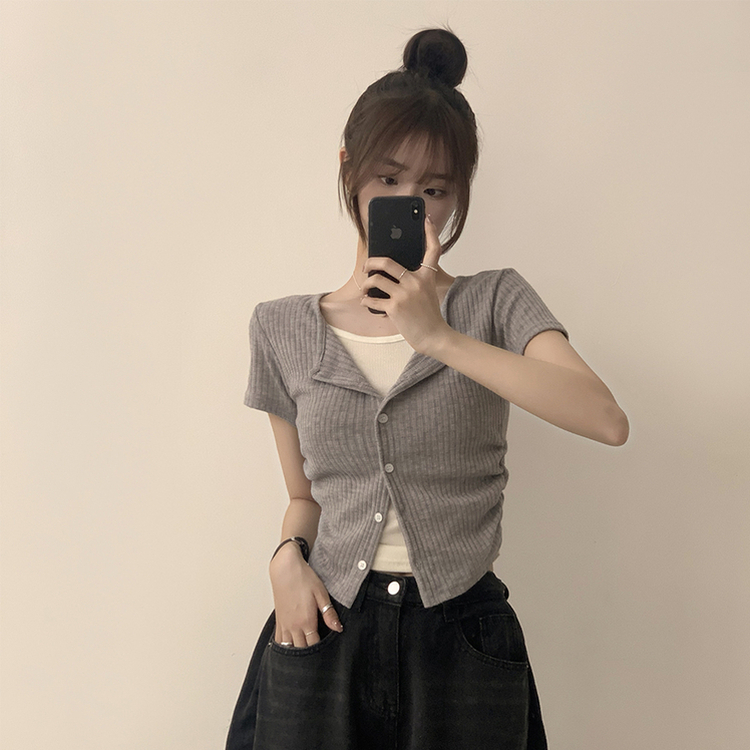 옆셔링으로 말라보이는 제니 라운드 반팔 골지 가디건 여름 레이어드 버튼 티셔츠 크롭 반팔티 3color 그레이