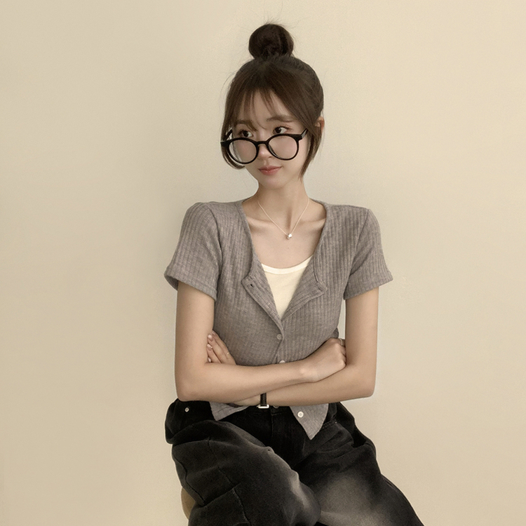 옆셔링으로 말라보이는 제니 라운드 반팔 골지 가디건 여름 레이어드 버튼 티셔츠 크롭 반팔티 3color 그레이