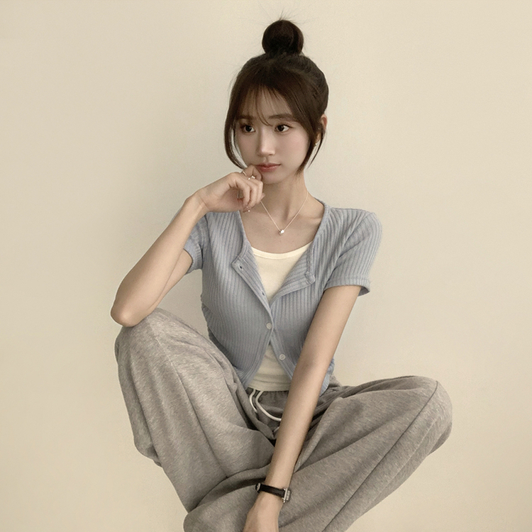 옆셔링으로 말라보이는 제니 라운드 반팔 골지 가디건 여름 레이어드 버튼 티셔츠 크롭 반팔티 3color 소라