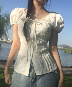 ブラウス リボンラウンドパフブラウス IVORY