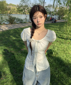 ブラウス リボンラウンドパフブラウス IVORY