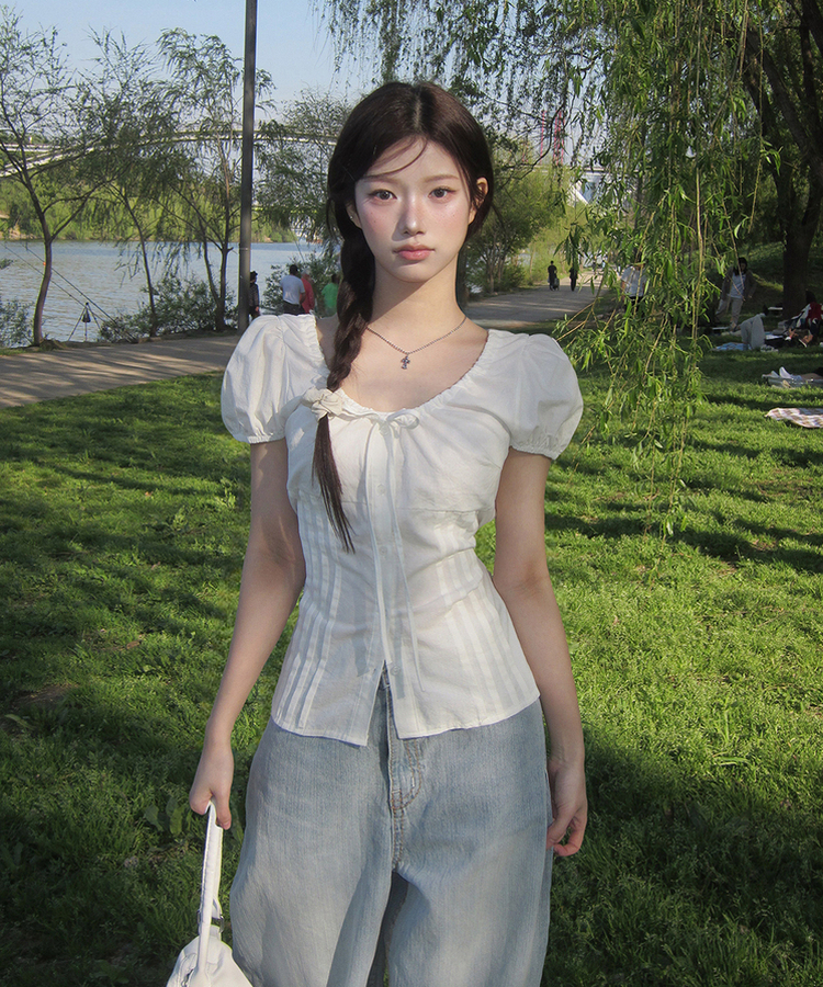 リボンラウンドパフブラウス IVORY