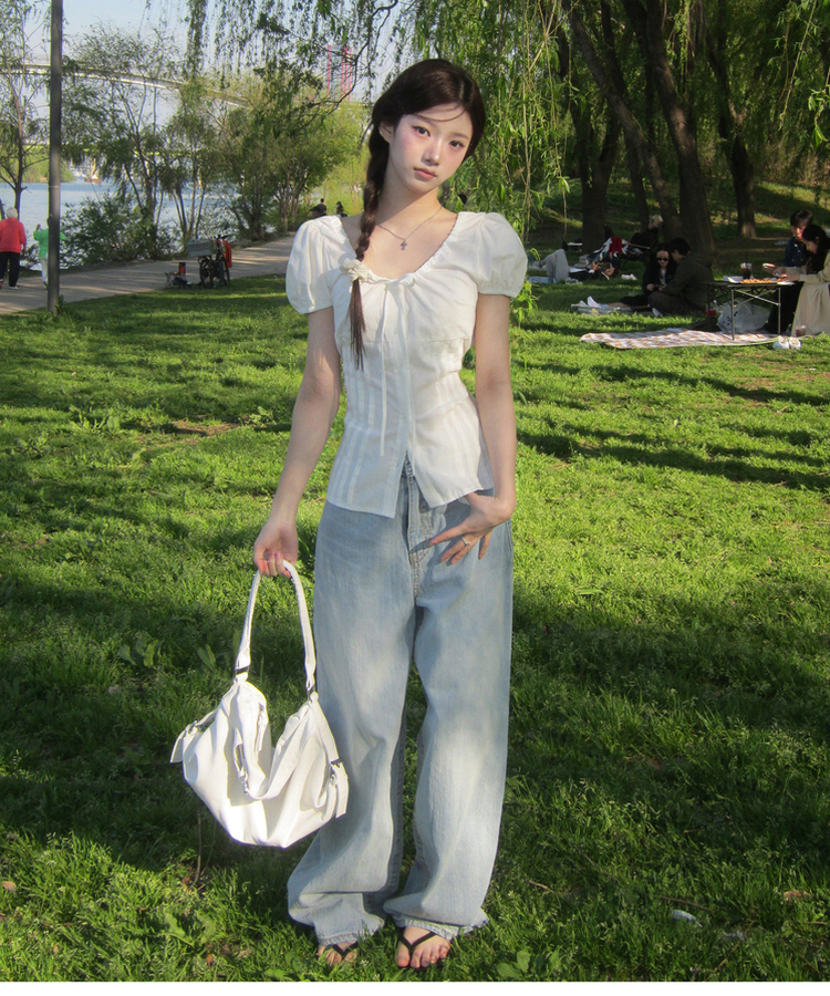 リボンラウンドパフブラウス IVORY