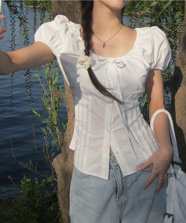 リボンラウンドパフブラウス IVORY