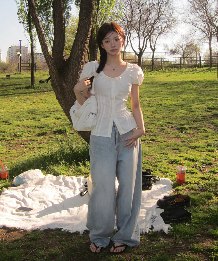 リボンラウンドパフブラウス IVORY