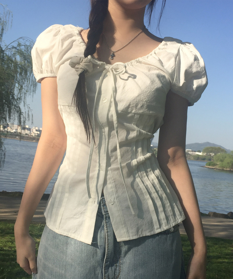 リボンラウンドパフブラウス IVORY