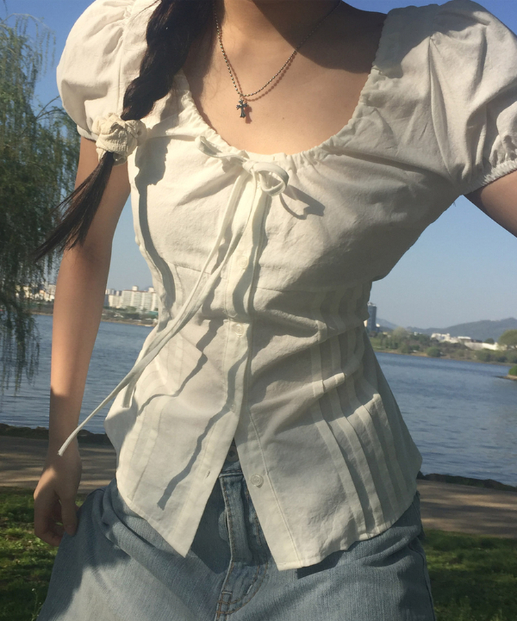 リボンラウンドパフブラウス IVORY