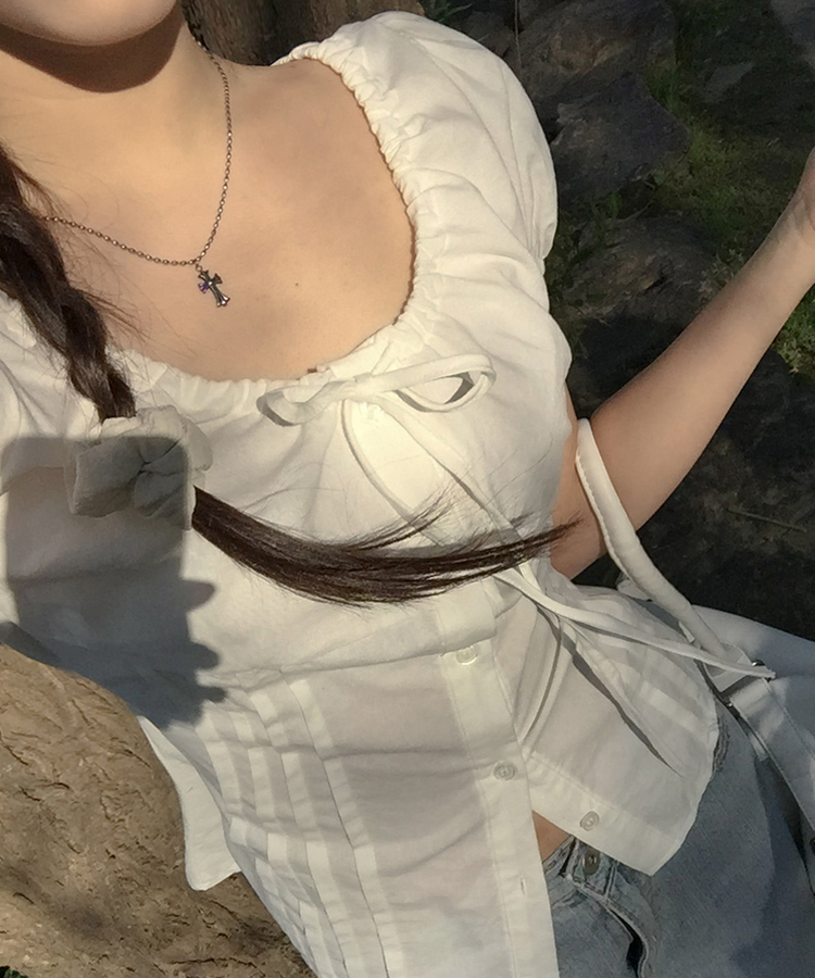 リボンラウンドパフブラウス IVORY