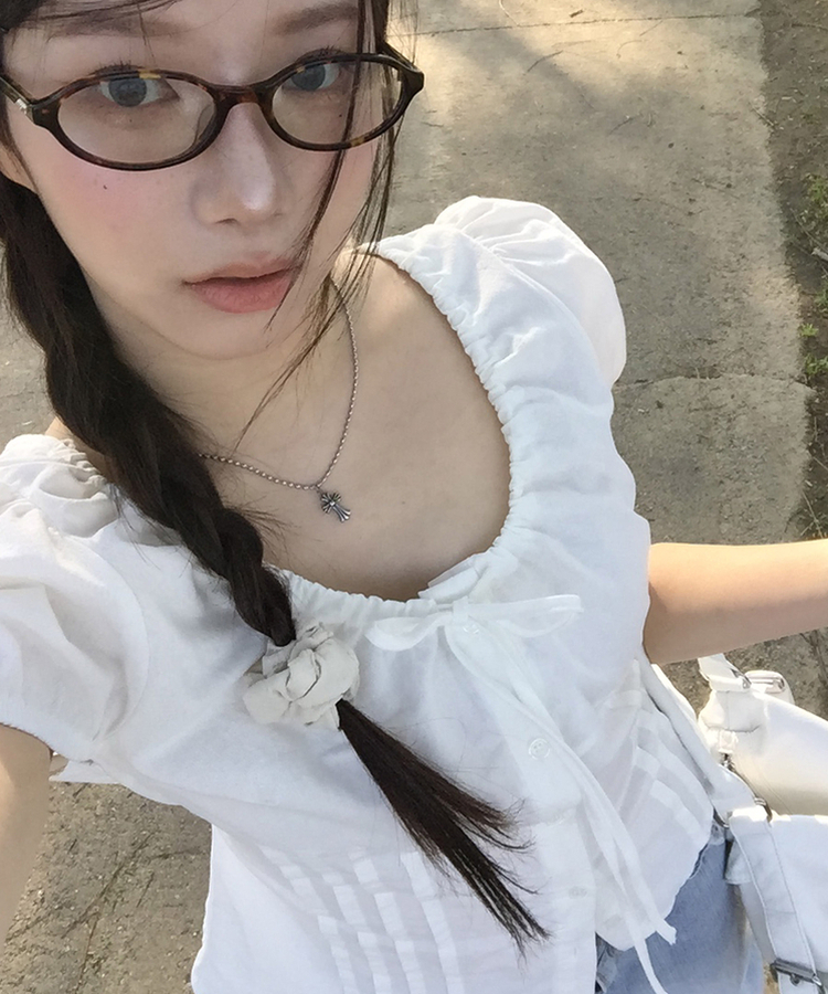 リボンラウンドパフブラウス IVORY