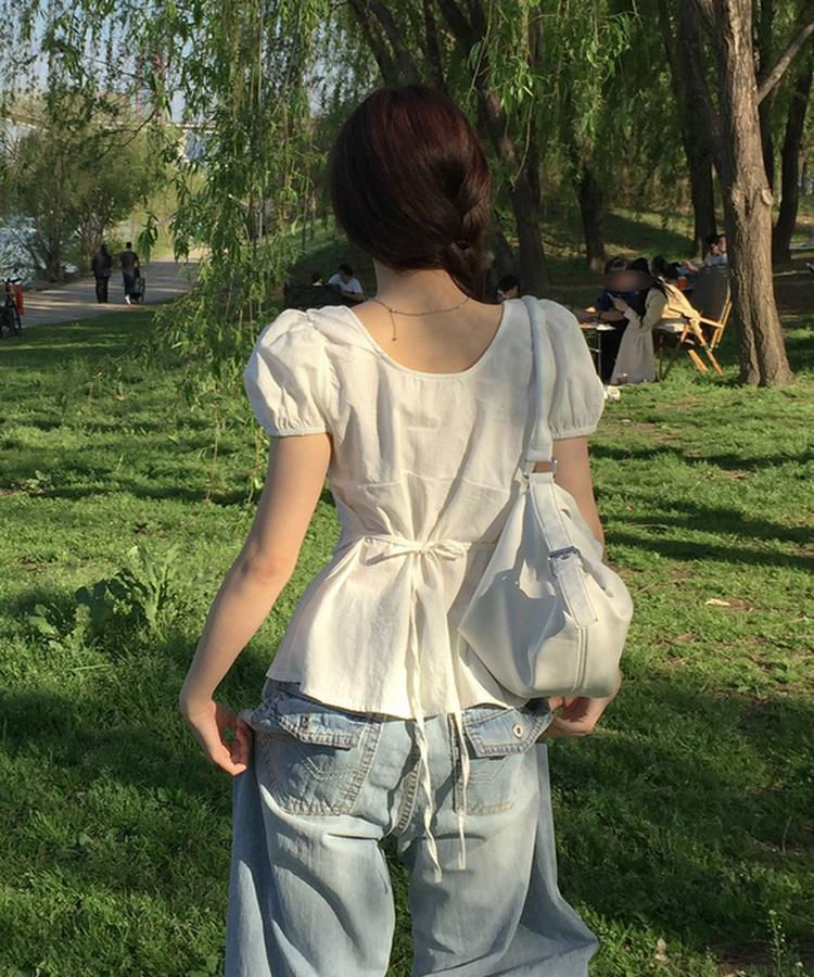 リボンラウンドパフブラウス IVORY