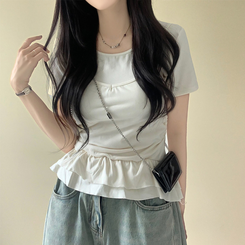 半袖Tシャツ ティアードフリルスリム半袖Tシャツ BEIGE