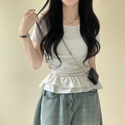 半袖Tシャツ ティアードフリルスリム半袖Tシャツ BEIGE