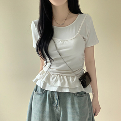 半袖Tシャツ ティアードフリルスリム半袖Tシャツ BEIGE