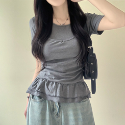 半袖Tシャツ ティアードフリルスリム半袖Tシャツ GREY
