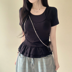 半袖Tシャツ ティアードフリルスリム半袖Tシャツ BLACK