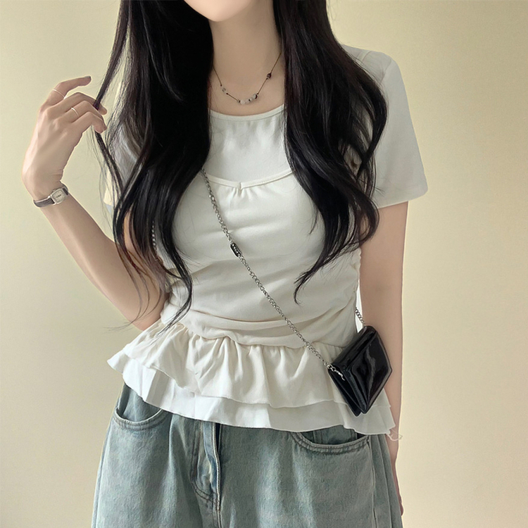 ティアードフリルスリム半袖Tシャツ BEIGE