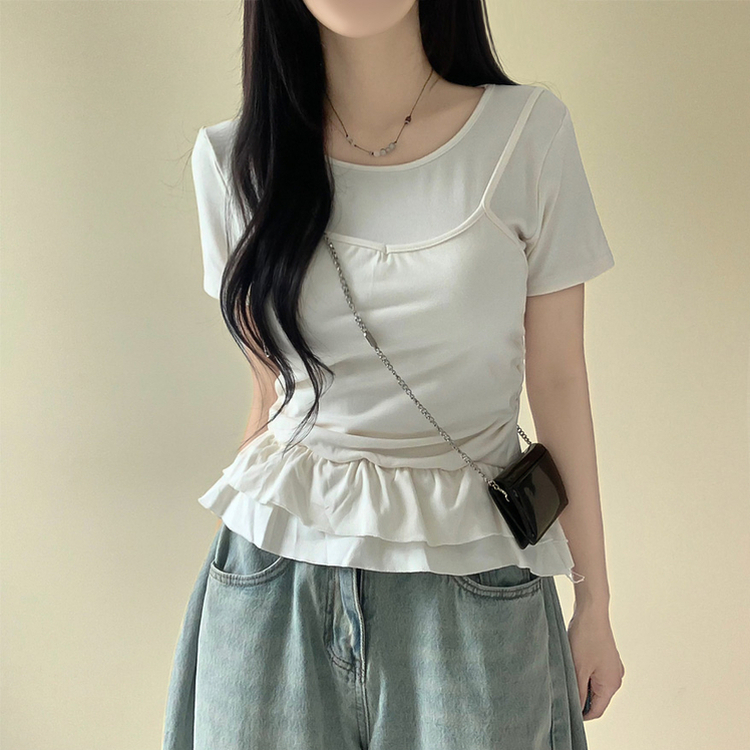 ティアードフリルスリム半袖Tシャツ BEIGE