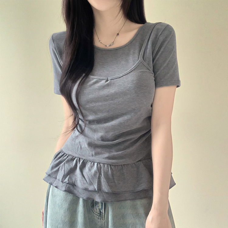 半袖Tシャツ ティアードフリルスリム半袖Tシャツ GREY