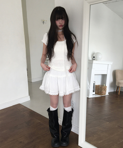 【マフラー付き】レースボタン半袖Tシャツ WHITE