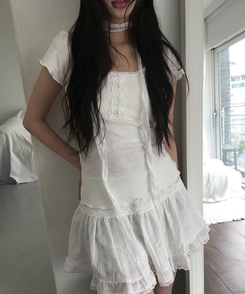 【マフラー付き】レースボタン半袖Tシャツ WHITE