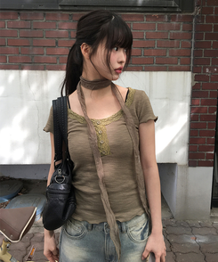 【マフラー付き】レースボタン半袖Tシャツ KHAKI