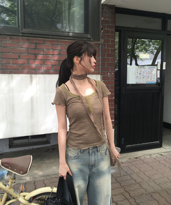 【マフラー付き】レースボタン半袖Tシャツ KHAKI
