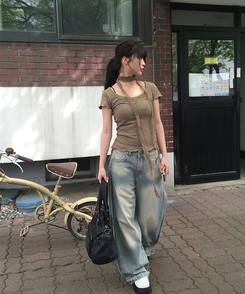 【マフラー付き】レースボタン半袖Tシャツ KHAKI