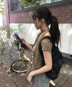 【マフラー付き】レースボタン半袖Tシャツ KHAKI
