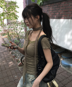 【マフラー付き】レースボタン半袖Tシャツ KHAKI